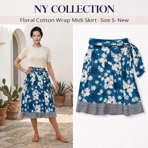 NY Collection Blue Floral Cotton Midi Skirt Size S Belted Tie Waist Skirt